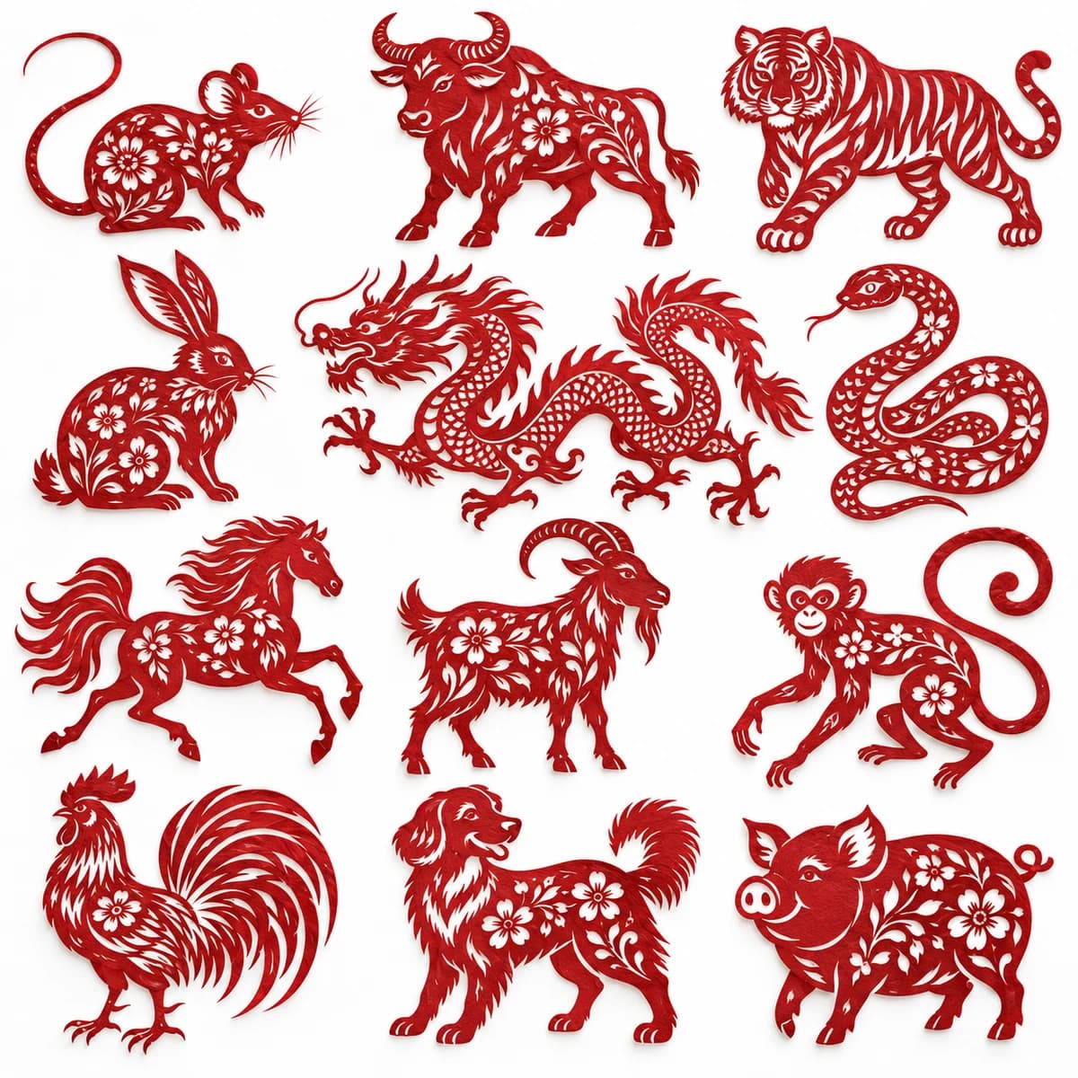 Twelve red paper-cut zodiac animals: Rat, Ox, Tiger, Rabbit, Dragon, Snake, Horse, Goat, Monkey, Rooster, Dog, and Pig